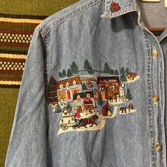 Women’s vintage Denim Shirt with Christmas village Embroidered Design - Picture 5 of 16